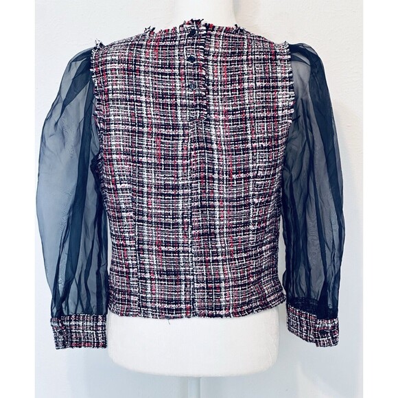 Zara Woman Size M Tweed Organza Puff Sleeve Blouse Boho Grunge Peasant Festival - Picture 8 of 13